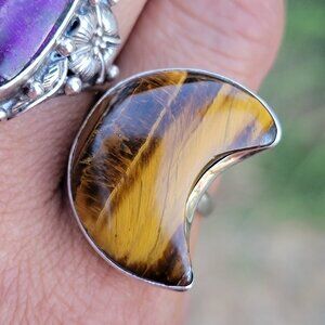 Epic 925 sterling silver natural tiger's eye crescent moon adjustable ring